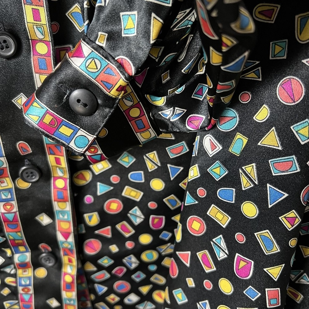 Marlis Shirt Womens 10 Black Colorful Geometric Print Button Up Long Sleeve 90s - Picture 4 of 7